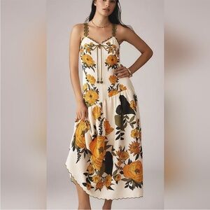 Farm Rio Anthropologie V-Neck A-Line tiered Mid Dress Orange Green Floral L